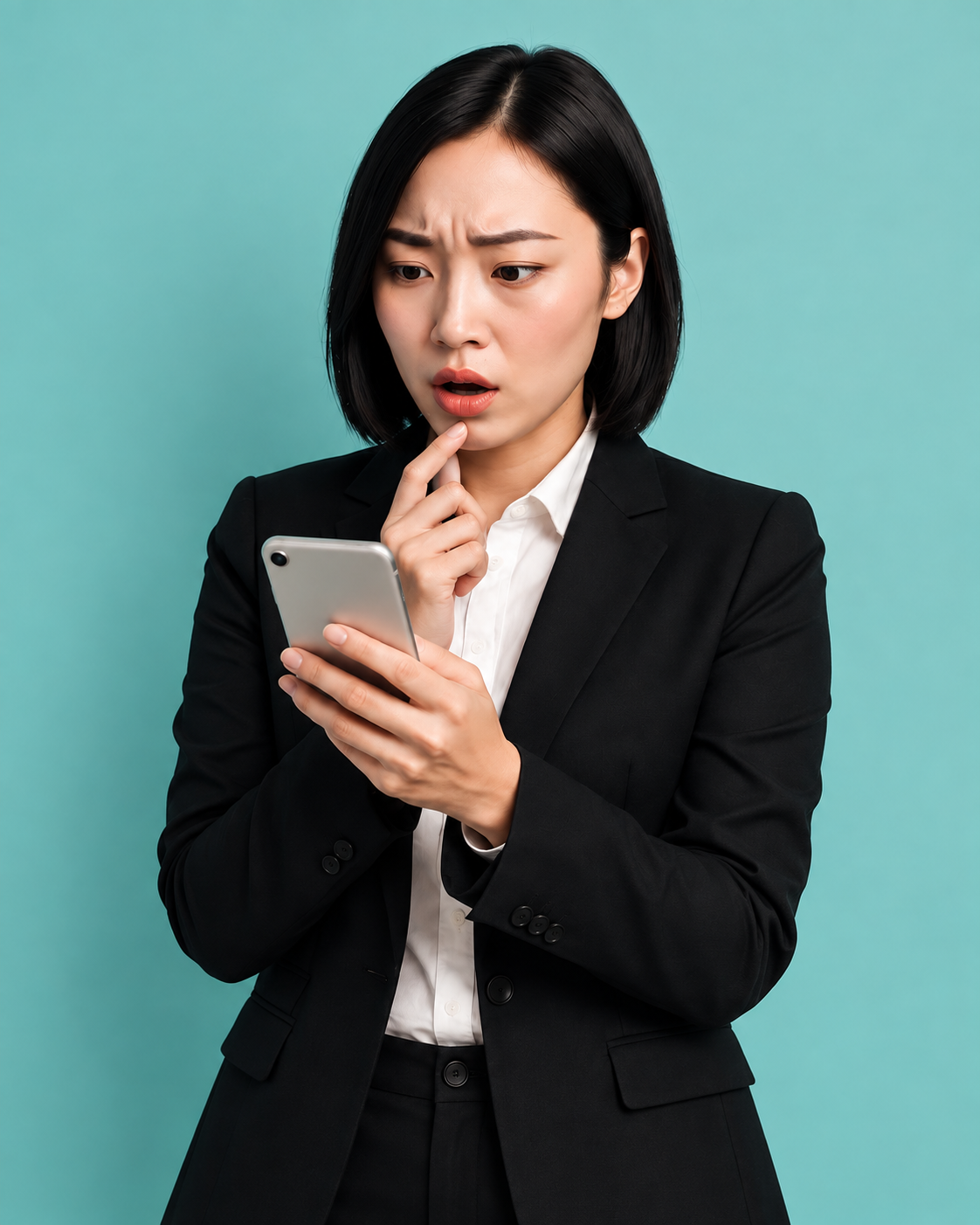 A businesswoman considering a question while looking at her phone
