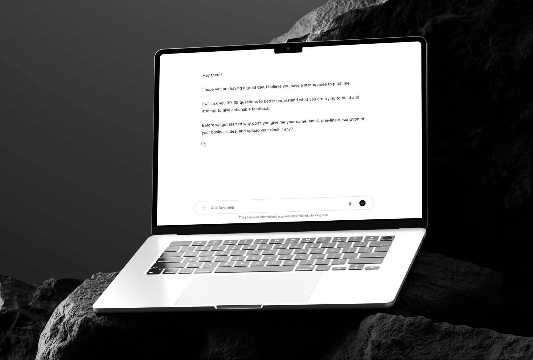 Pitch Fabrice chat interface on a laptop