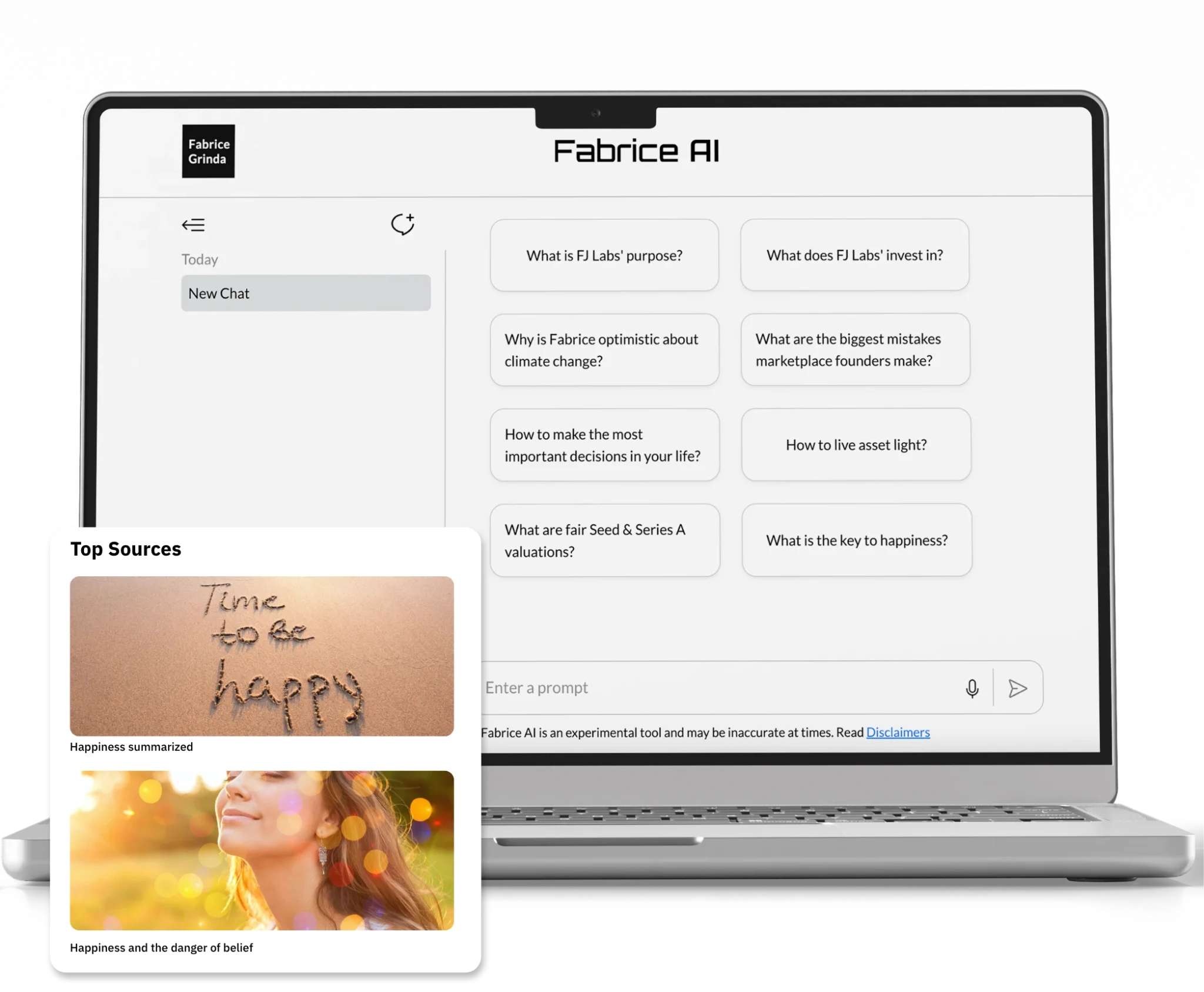 FabriceAI knowledge assistant laptop with its Top Sources card
