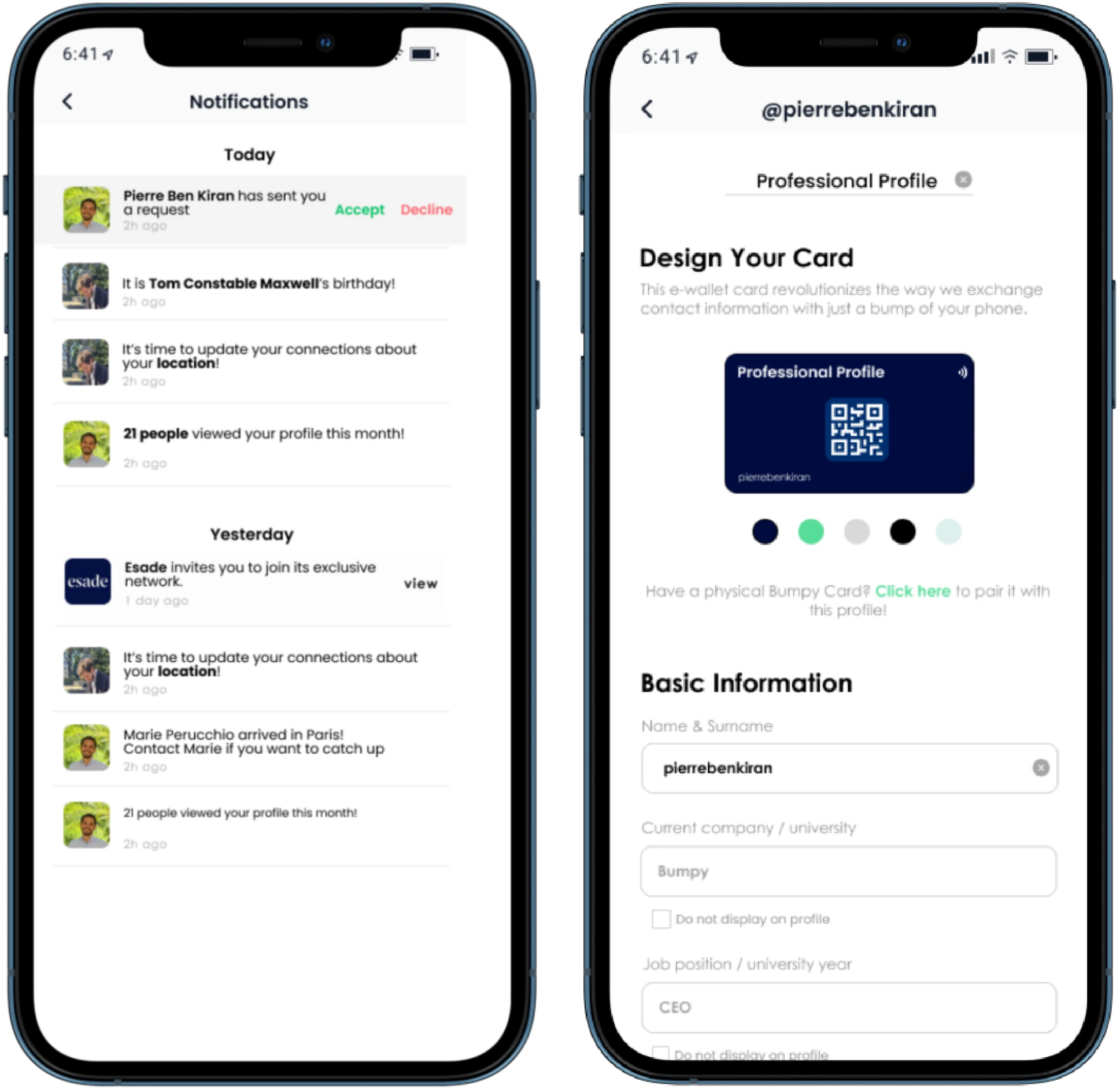 Bumpy digital business card app on mobile
