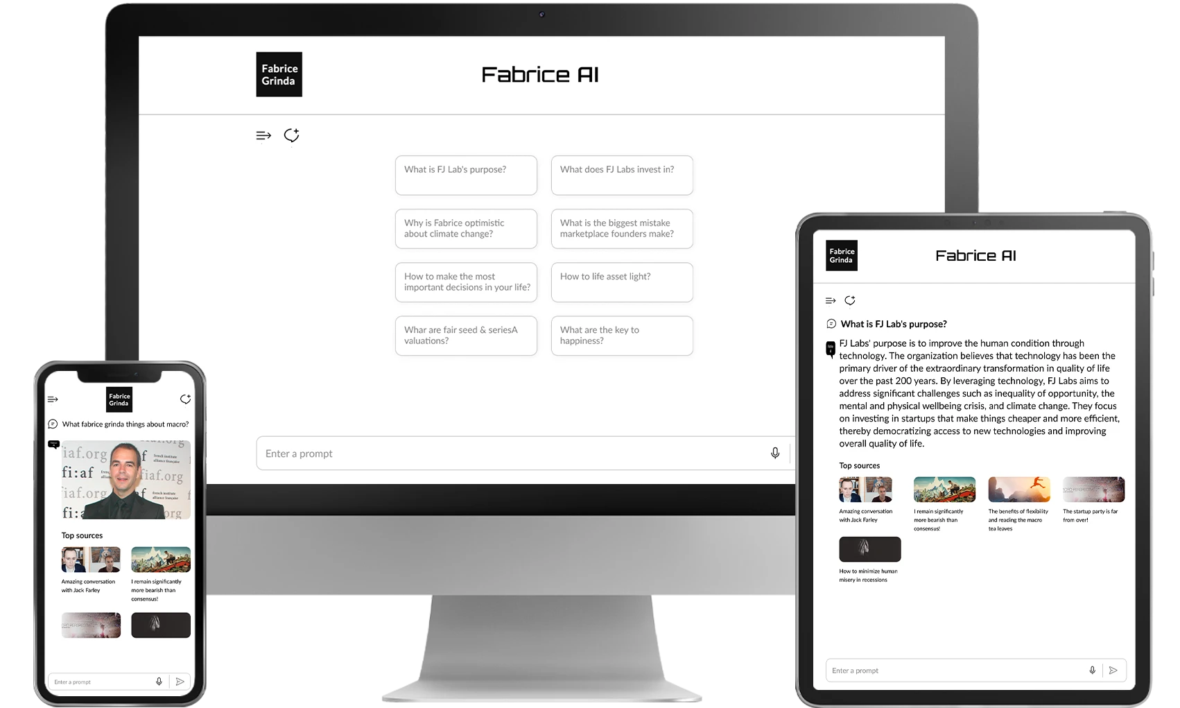 FabriceAI shown on desktop, tablet and phone, answering a question about FJ Labs' purpose with cited sources