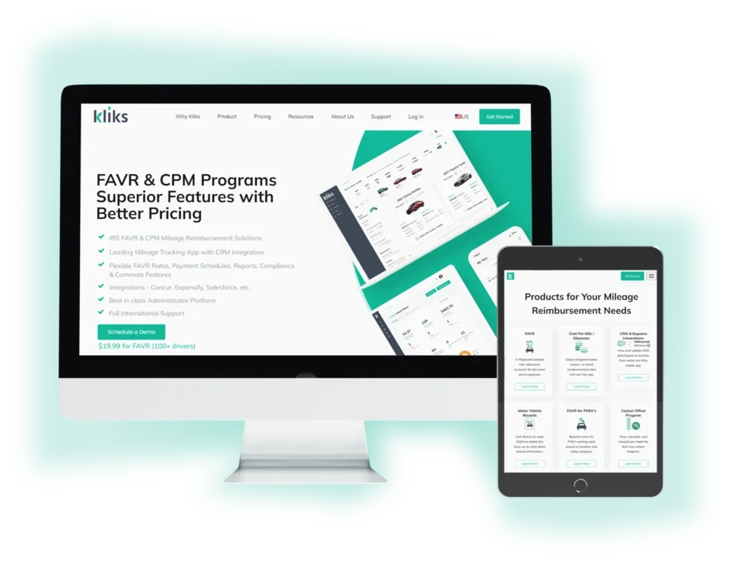 Kliks mileage tracking web dashboard and tablet views
