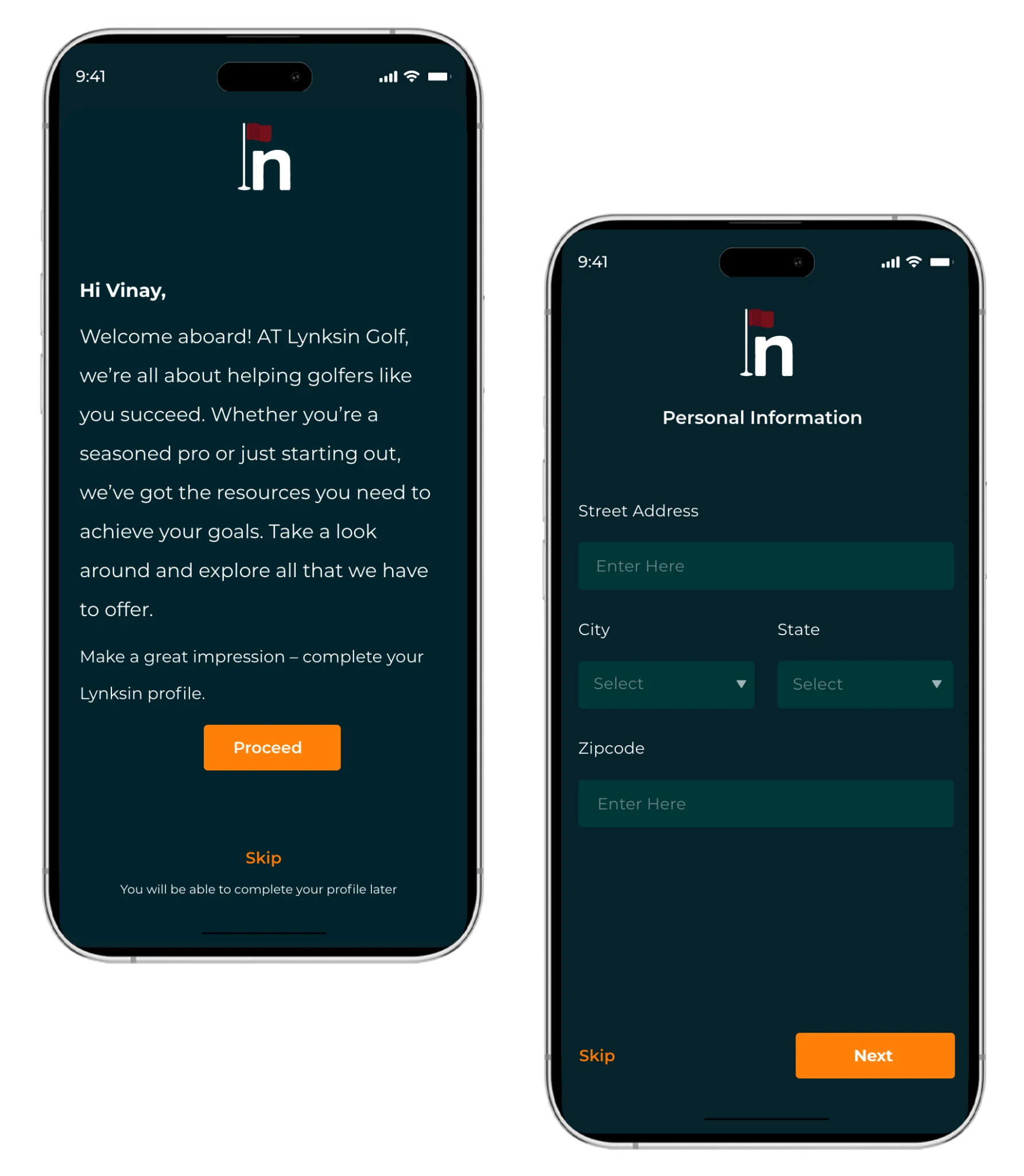 Lynksin Golf app onboarding screens on two phones