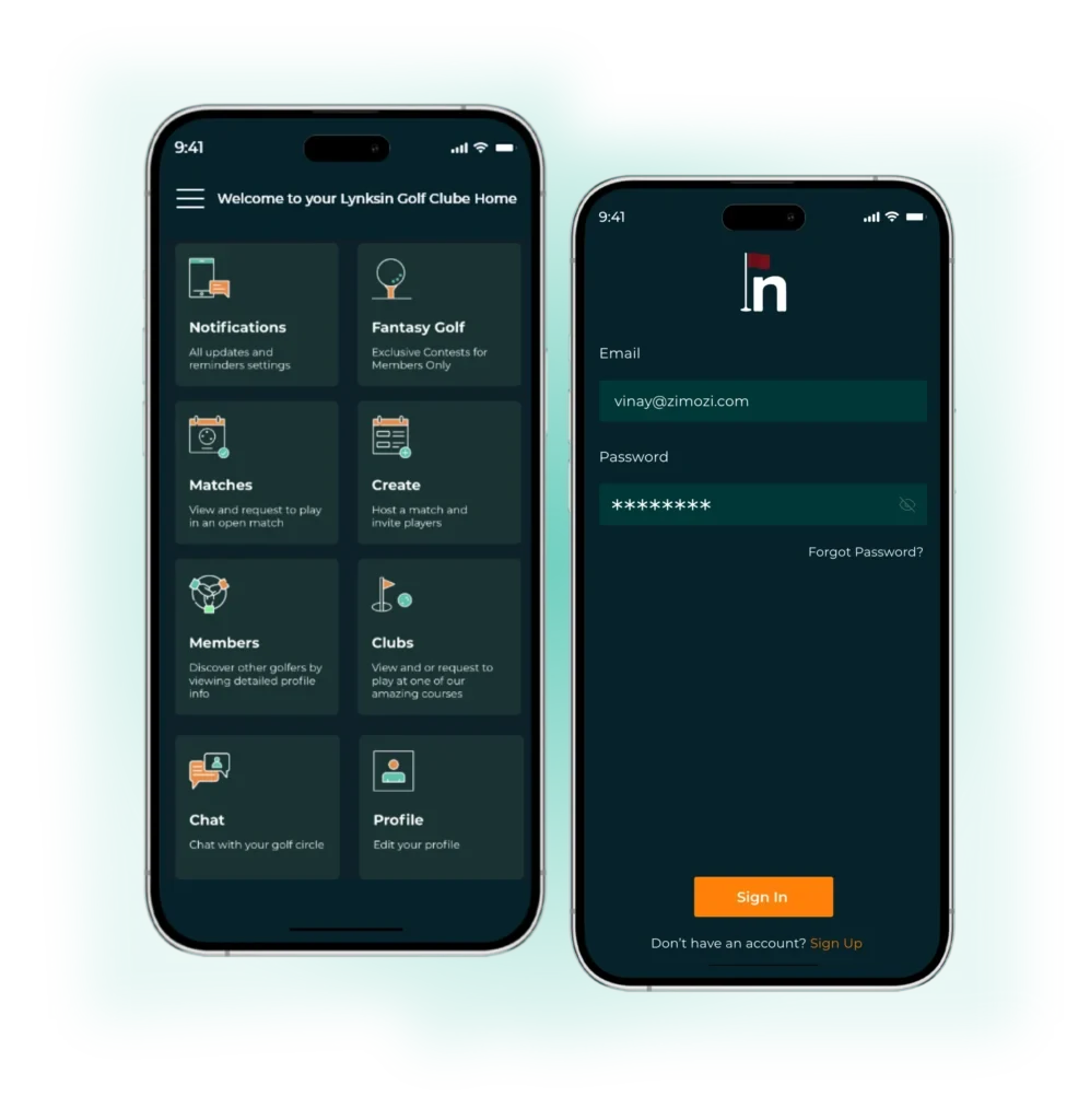 Lynksin Golf app screens on mobile