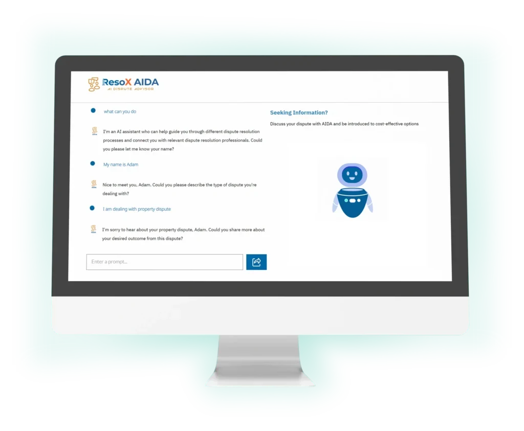 ResoX AIDA dispute advisor conversation interface on a desktop screen