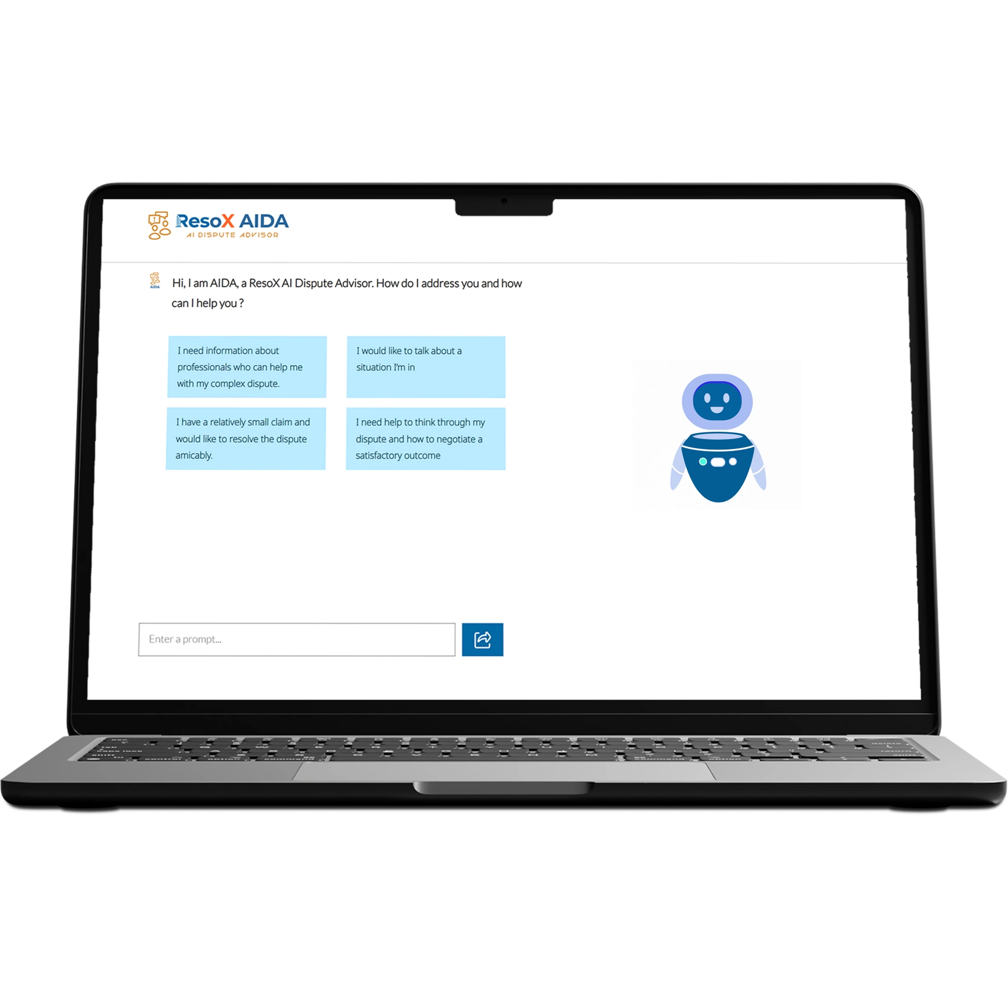 ResoX AIDA dispute advisor interface showing matched dispute resolution professionals
