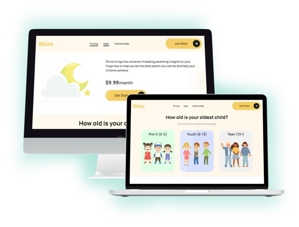 Shine landing page showing age-based parenting advice on desktop and laptop