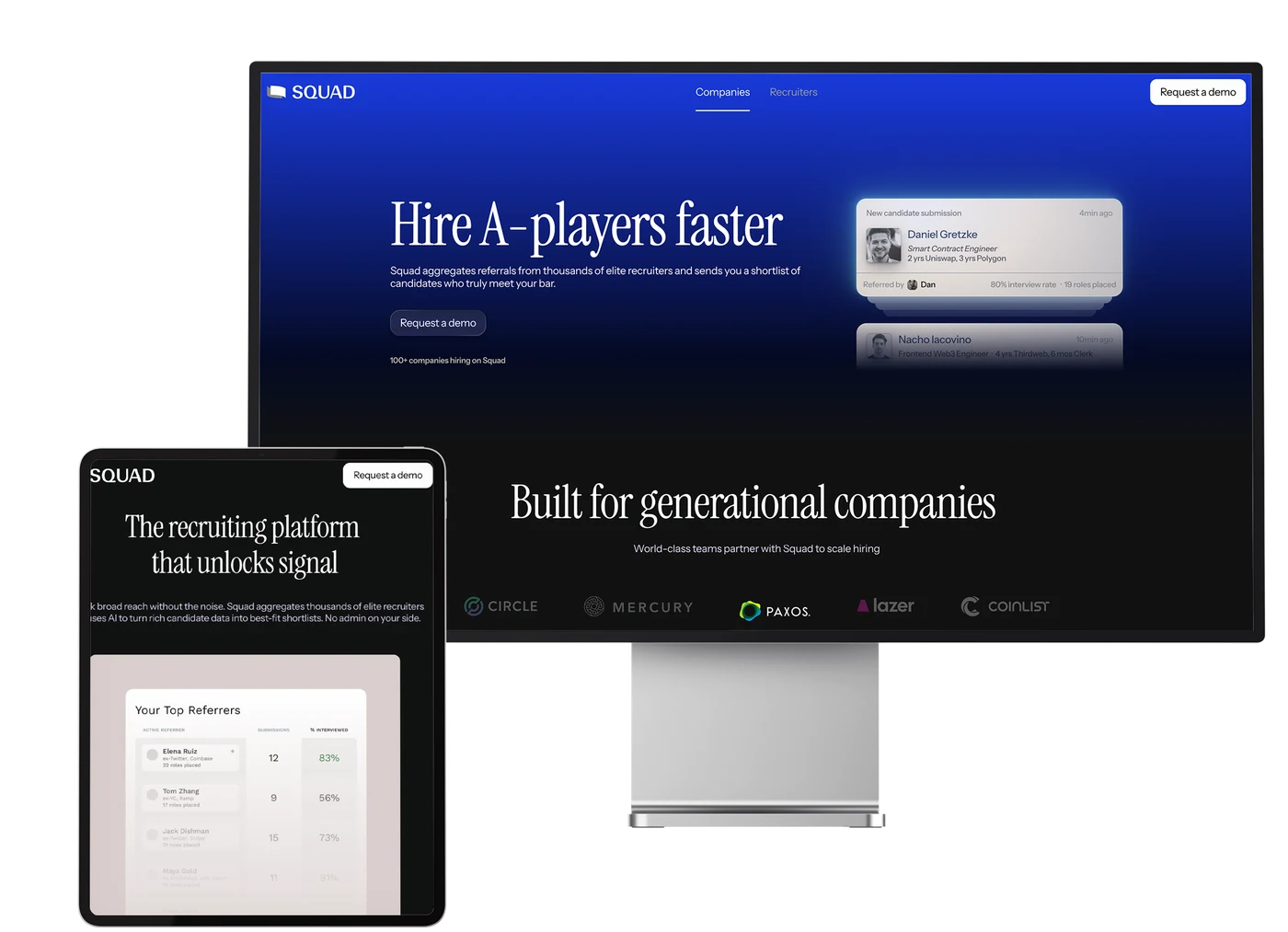 SquadTalent hiring platform on desktop, tablet and mobile