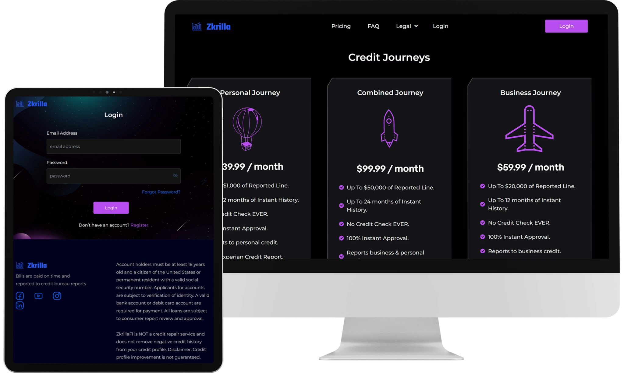 ZkrillaFi web app showing credit monitoring dashboard