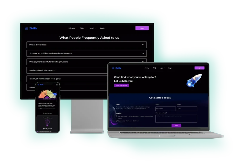 ZkrillaFi web app FAQ and credit dashboard on desktop, tablet and phone